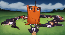  5boys 6+girls angel_devil_(chainsaw_man) angel_wings black_dress black_hair black_jacket black_necktie black_suit black_thighhighs blonde_hair brown_hair cat chainsaw_man closed_eyes clouds commentary denji_(chainsaw_man) dress english_commentary eyepatch fourth_east_high_school_uniform gakuran hayakawa_aki higashiyama_kobeni highres hill himeno_(chainsaw_man) horns jacket lying makima_(chainsaw_man) mask meowy_(chainsaw_man) mitaka_asa multiple_boys multiple_girls nayuta_(chainsaw_man) necktie on_back on_side pinafore_dress pochita_(chainsaw_man) ponytail power_(chainsaw_man) red_hair red_horns reze_(chainsaw_man) school_uniform shirt shoes short_ponytail short_shorts shorts sleeping sleeveless sleeveless_dress sleeveless_shirt sneakers suit tatja_(tatjasng12) tearing_up thigh-highs topknot tree violence_fiend_(chainsaw_man) waving wings yoshida_hirofumi 