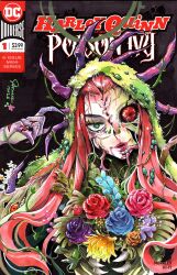  1girl absolute_batman absolute_dc absurdres blue_flower bouquet claws commentary cover_sketch dc_comics english_commentary flower green_eyes highres long_hair looking_at_viewer marker_(medium) monster_girl parted_lips pink_flower pink_hair plant_girl poison_ivy poison_ivy_(absolute_dc) purple_flower red_flower sao_(saowee) scan solo traditional_media 