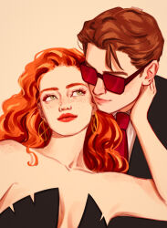  1boy 1girl artist_name black_dress brown_hair commentary dress english_commentary freckles green_eyes grey_background highres jean_grey jennipond long_hair looking_at_another marvel necktie orange_hair red-tinted_eyewear red_necktie scott_summers short_hair simple_background smile strapless strapless_dress suit sunglasses tinted_eyewear wavy_hair x-men 