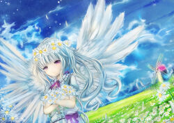  1girl blue_sky bow buttons closed_mouth clouds commentary_request daisy_(flower) dutch_angle feathered_wings feathers fence field flower flower_field frilled_shirt_collar frills head_wreath highres hizo_(hizoo) holding holding_flower long_hair looking_at_viewer meadow mountain original outdoors purple_bow shirt short_sleeves sky solo violet_eyes water white_hair white_shirt white_wings wind windmill wings 
