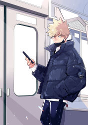  1boy absurdres bakugou_katsuki blonde_hair boku_no_hero_academia cellphone closed_mouth commentary_request highres jacket male_focus mask mouth_mask mouth_mask_under_chin pants phone smartphone solo spiky_hair standing train_interior umasara 