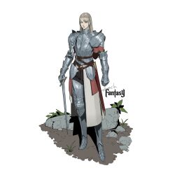  1girl absurdres aqua_eyes armor brown_hair commentary_request counter cuirass cuisses english_text gauntlets gorget greaves haute_plate highres holding holding_sword holding_weapon original parted_bangs parted_lips pauldrons poleyn rerebrace rondel sabaton shoulder_armor sidelocks simple_background solo sonech sword tassets vambraces weapon 