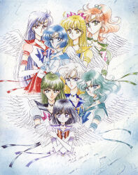  1990s_(style) 6+girls absurdres aino_minako bishoujo_senshi_sailor_moon bishoujo_senshi_sailor_moon_stars black_choker black_hair blonde_hair blue_bow blue_choker blue_eyes blue_hair blue_sailor_collar bow brooch brown_bow brown_hair choker crossed_arms elbow_gloves expressionless gloves green_choker green_eyes green_hair green_sailor_collar hair_bobbles hair_bun hair_ornament half_updo heroes'_gallery highres hino_rei jewelry kaiou_michiru kino_makoto long_hair magical_girl meiou_setsuna mizuno_ami multiple_girls non-web_source official_art orange_choker orange_eyes orange_sailor_collar pink_bow ponytail puffy_sleeves purple_bow purple_sailor_collar red_bow red_eyes red_sailor_collar red_skirt retro_artstyle sailor_collar sailor_jupiter sailor_mars sailor_mercury sailor_neptune sailor_pluto sailor_saturn sailor_senshi sailor_senshi_uniform sailor_uranus sailor_venus scan self-scan short_hair single_hair_bun skirt star_(symbol) star_brooch star_choker super_sailor_jupiter_(stars) super_sailor_mars_(stars) super_sailor_mercury_(stars) super_sailor_neptune_(stars) super_sailor_pluto_(stars) super_sailor_saturn_(stars) super_sailor_uranus_(stars) super_sailor_venus_(stars) takeuchi_naoko ten'ou_haruka tiara tomoe_hotaru very_short_hair violet_eyes white_gloves wings yellow_eyes 