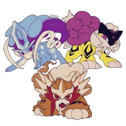  blue_fur brown_fur claws entei fangs highres mamebato mane no_humans pokemon pokemon_(creature) pokemon_focus raikou red_eyes sabretooth_tiger suicune tail tusks violet_eyes white_background yellow_fur 