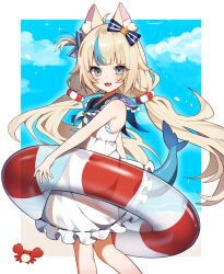  1girl :3 :d absurdres ahoge animal_ear_fluff animal_ears beach bikini bikini_under_clothes blonde_hair blue_bow blue_eyes blue_sailor_collar blue_sky blue_streaks blunt_bangs blush border bow cat_ears clouds commentary crab double-parted_bangs dress fang feet_out_of_frame fins fish_girl fish_tail floating_hair frilled_dress frilled_sailor_collar frills from_side highres holding holding_swim_ring indie_virtual_youtuber innertube kaniki_(sameko_saba) lifebuoy_hair_ornament long_hair looking_at_viewer low_twintails multicolored_hair ocean one_side_up open_mouth outside_border paper_boat sailor_collar sameko_saba sameko_saba_(1st_costume) samon_(vxxr8575) sand sidelocks signature sky sleeveless sleeveless_dress smile solo_focus streaked_hair striped_bikini striped_bow striped_clothes swim_ring swimsuit tail turning_head twintails two-tone_bow two-tone_hair untranslatable_commentary very_long_hair virtual_youtuber water white_border white_dress 