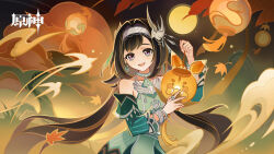  1girl absurdres bare_shoulders bird_hair_ornament black_hair bracelet chinese_commentary commentary_request detached_sleeves dress earrings full_moon genshin_impact green_dress green_sleeves hair_ornament hand_up highres holding holding_lantern jewelry lan_yan_(genshin_impact) lantern long_hair long_sleeves looking_at_viewer moon multicolored_eyes necklace official_art open_mouth silver_bracelet silver_hairband silver_necklace smile solo very_long_hair 