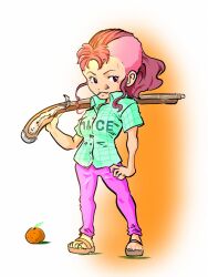  1girl bellemere brown_sandals closed_mouth clothes_writing collared_shirt commentary_request deformed eyelashes food fruit full_body green_shirt gun highres holding holding_gun holding_weapon legs_apart mandarin_orange medium_hair mohawk one_piece pants pink_pants red_eyes ryou_wasizaki sandals shirt short_sleeves shotgun sidelocks smile solo standing toes weapon 