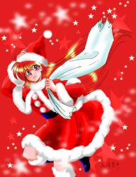 1990s_(style) 1girl android belt blue_belt blue_boots blue_eyes boots capelet dress fur-trimmed_boots fur-trimmed_capelet fur-trimmed_dress fur-trimmed_headwear fur_trim hand_on_headwear hat holding holding_sack long_hair mieu_(phantasy_star) official_artist_extra ozaki_toyo phantasy_star phantasy_star_iii red_background red_capelet red_dress red_hair retro_artstyle sack santa_costume santa_dress santa_hat signature solo star_(symbol) sweatdrop torn_sack 