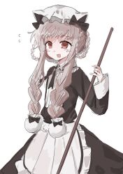  1girl apron black_bow blonde_hair blush bow braid broom dress frilled_headwear frills hair_ornament hat holding holding_broom long_hair looking_at_viewer magical_girl mahou_shoujo_ikusei_keikaku mahou_shoujo_ikusei_keikaku_restart maid mob_cap multiple_girls nokko-chan open_mouth red_eyes smile soleidekmo solo twin_braids 