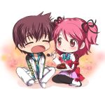  1boy 1girl asbel_lhant bad_id blush brown_eyes brown_hair cheria_barnes chibi closed_eyes curry feeding food kurimomo pink_hair short_hair smile spoon tales_of_(series) tales_of_graces twintails two_side_up 