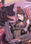  bayonetta_(character) beauty_mark black_hair blue_eyes bodysuit cleavage cleavage_cutout earrings female glasses gomorrah_(bayonetta) gun hair_bun handgun long_hair mole open_mouth purple_eyes red_ribbon ribbon rudolph_(artist) rudorufu solo very_long_hair weapon 