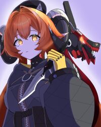  1girl 1other absurdres black_hat black_horns breasts curled_horns dragon_girl dragon_horns dress gloves green_eyes hair_between_eyes hand_up hat highres holding holding_knife holding_weapon horns knife large_breasts long_hair looking_at_viewer magus_(zenless_zone_zero) mechanical_horns mechanical_tail orange_hair orange_pupils orphie_magnusson parted_lips pointy_ears sousucloud28 tail twintails upper_body weapon yellow_gloves zenless_zone_zero zipper_dress 