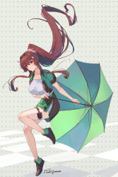  1girl black_jacket black_shoes black_skirt breasts brown_hair c2_race_queen_uniform cherry_blossoms commentary_request cropped_jacket flower full_body green_jacket green_shoes green_skirt green_umbrella hair_between_eyes hair_flower hair_intakes hair_ornament highres himeyamato holding holding_umbrella huge_breasts jacket kantai_collection long_hair miniskirt multicolored_jacket multicolored_shoes ponytail racequeen red_eyes shirt shoes short_sleeves sidelocks skirt smile solo thigh_strap two-tone_jacket two-tone_shoes two-tone_skirt umbrella very_long_hair white_shirt yamato_(kancolle) 