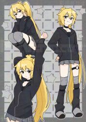  1girl :3 absurdres ahoge akita_neru alternate_costume antenna_hair black_collar black_hoodie blonde_hair collar commentary fin_gocco grey_background grey_skirt hair_between_eyes hands_on_own_cheeks hands_on_own_face high_side_ponytail highres hood hoodie long_hair looking_at_viewer multiple_views o-ring o-ring_thigh_strap side_ponytail skirt smile socks_over_thighhighs solo standing star_(symbol) star_symbol_background stretching thick_eyebrows thigh_strap untranslatable_commentary vocaloid yellow_eyes 