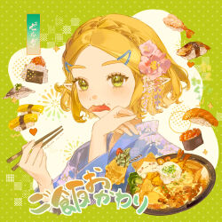  1girl absurdres blonde_hair blue_kimono bowl braid broccoli cherry_blossoms chinese_commentary chopped_spring_onion chopsticks clip_studio_paint_(medium) commentary_request crown_braid dated elf fish_(food) floral_print floral_print_kimono flower food fried_egg fruit green_eyes gunkanmaki hair_flower hair_ornament hairclip highres holding holding_chopsticks ice_cream ikura_(food) japanese_clothes kimono lamblab0824 light_blush looking_at_viewer mouth_hold nigirizushi onigiri pink_flower pointy_ears polka_dot polka_dot_background princess_zelda print_kimono short_hair shrimp shrimp_tempura signature solo strawberry sushi tempura the_legend_of_zelda the_legend_of_zelda:_tears_of_the_kingdom 