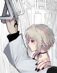  1boy 1girl black_eyes black_nails blonde_hair blush bus commission commissioner_upload ear_piercing expressionless hair_between_eyes hand_tattoo highres jewelry kagurabachi light_blush motor_vehicle nail_polish necklace nose_blush piercing short_hair sziiqcv tattoo two-tone_background 