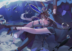  1girl 80illu absurdres air_bubble ambience_synesthesia amiya_(arknights) amiya_(medic)_(arknights) amiya_(medic)_(solo_around_the_world)_(arknights) animal_ear_fluff animal_ears arknights armlet black_cape black_dress black_gloves black_hat black_pantyhose blue_eyes blue_hat brown_hair bubble cape clothes_writing commentary_request dress ears_through_headwear frilled_hat frills gloves hat highres jewelry long_hair looking_at_viewer multiple_rings official_alternate_costume open_mouth pantyhose ring single_glove solo submerged two-sided_fabric two-sided_headwear underwater witch_hat 