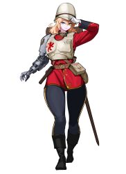  1girl absurdres backpack bag belt boots coat commentary commission english_commentary flak_jacket gloves green_eyes hand_on_headwear helmet highres holster jacket lion_print looking_at_viewer marinerx mechanical_arms medium_hair military_uniform pants pith_helmet pouch red_coat simple_background single_mechanical_arm solo sword thigh_holster warhammer_40k weapon white_background 