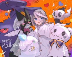  1girl :d alternate_color blue_eyes buttons candy coat commentary food gengar grey_hair happy_halloween highres hood hood_down hooded_coat litwick lollipop lucria meowscarada mimikyu mismagius open_clothes open_coat open_mouth orange_background phantump pokemon pokemon_(creature) shiny_pokemon short_hair smile sparkle untranslatable_commentary white_coat 
