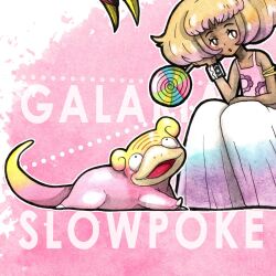  1girl :o big_hair blonde_hair bright_pupils brown_eyes candy character_name collarbone colored_tips commentary cropped dark-skinned_female dark_skin dynamax_band english_commentary eyelashes fangs floral_print food galarian_slowpoke highres holding holding_candy holding_food holding_lollipop lollipop mofinngram multicolored_hair nostrils open_mouth original outline pants pink_background pink_hair pink_tank_top pokemon pokemon_(creature) print_tank_top smile swirl_lollipop tank_top two-tone_hair white_outline white_pants white_pupils wide-leg_pants 