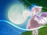  dress full_moon hat kneehighs kuro_mame leaf leaves long_sleeves moon mystia_lorelei night night_sky open_mouth outstretched_arms outstretched_hand pink_hair profile short_hair singing sky socks standing touhou winged_shoes wings 
