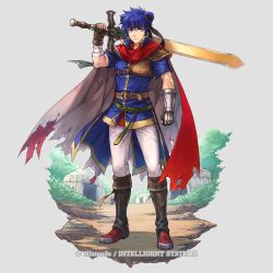  1boy animal_ears bear_ears blue_eyes blue_hair boots cape commentary_request company_name copyright_notice fire_emblem fire_emblem:_path_of_radiance fire_emblem_shadows full_body hagiya_kaoru headband highres holding holding_sword holding_weapon ike_(fire_emblem) ike_(radiant_merc)_(fire_emblem) looking_at_viewer male_focus official_alternate_costume official_art over_shoulder ragnell red_cape solo standing sword tent torn_cape torn_clothes weapon weapon_over_shoulder 
