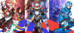  6+boys absurdres android arm_cannon armor axl_(mega_man) axl_bullets bald black_armor blonde_hair blue_armor blue_eyes blue_helmet chest_jewel clenched_hands clenched_teeth colonel_(mega_man) commentary_request covered_face crossed_arms dr._weil_(mega_man) dual_wielding energy_sword evil_eyes evil_smile facial_mark finger_on_trigger forehead_jewel from_side gloves green_eyes gun hat helmet highres holding holding_gun holding_weapon long_hair looking_at_viewer lumine_(mega_man) mega_man_(series) mega_man_x_(series) multiple_boys peaked_cap ponytail purple_armor purple_hair purple_helmet red_(mega_man_x) red_armor red_eyes red_helmet robot robot_ears short_hair shoulder_armor shoulder_cannon sigma_(mega_man) smile spiky_hair sword teeth very_long_hair vile_(mega_man) weapon white_gloves x_(mega_man) z_saber zelitto zero_(mega_man) 
