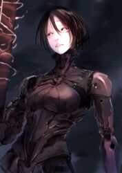  1girl android arm_cannon beam_cannon black_hair blame! cyberpunk cyborg ehm_not energy_cannon facial_mark graviton_beam_emitter highres joints looking_at_viewer mechanical_arms robot_joints safeguard_(blame!) sanakan science_fiction short_hair solo weapon white_eyes 