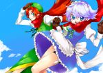  braid chinese_clothes colored gloves green_eyes hairband hat highres hong_meiling izayoi_sakuya long_hair maid nuime numie red_hair redhead scarf short_hair silver_hair thigh_strap tima touhou twin_braids 