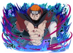  1boy akatsuki_uniform amegakure_symbol black_coat clenched_teeth coat forehead_protector gakidou_pain looking_at_viewer naruto_(series) naruto_shippuuden naruto_shippuuden:_ultimate_ninja_blazing official_art open-toe_boots orange_hair own_hands_together print_coat rinnegan solo spikes teeth violet_eyes 