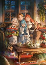  1boy 3girls :d absurdres ahoge black_hairband blue_eyes blue_hair book book_stack bouquet braid breasts brown_shoes carpet closed_eyes commentary_request couch crossed_bangs cup elf eris_greyrat eris_greyrat_(adult) facing_viewer flower food fruit fur_trim grapes grin hair_between_eyes hairband hands_on_own_knees happy hetero highres husband_and_wives icicle indoors kettle knit_sweater leaning lens_flare long_hair long_pointy_ears long_sleeves looking_at_viewer multiple_girls mushoku_tensei night official_alternate_costume official_art on_couch open_mouth pillow pointy_ears polygamy purple_flower red_eyes red_flower red_hair red_rose rose roxy_migurdia rudeus_greyrat shirotaka_(5choume) shoes sitting skirt smile star_(sky) sylphiette_(mushoku_tensei) table teacup tray tree twin_braids very_long_hair white_flower white_hair white_rose window wooden_table 