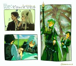  1boy 1girl black_capelet black_dress bug butterfly butterfly_hair_ornament capelet colored_eyelashes commentary_request dress echidna_(re:zero) green_butterfly hair_between_eyes hair_ornament highres hirokuteasasugi natsuki_subaru re:zero_kara_hajimeru_isekai_seikatsu striped_clothes striped_dress vertical-striped_clothes vertical-striped_dress white_eyelashes white_hair 