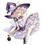  blonde_hair bloomers bobby_socks bow braid broom broom_riding enone frills gathers hair_bow hat highres kirisame_marisa large_bow mary_janes mini-hakkero open_mouth pointing shoes short_hair side_braid smile socks star touhou transparent_background white_legwear witch_hat yellow_eyes 