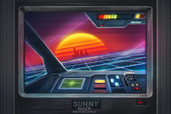  1980s_(style) artist_name building buttons city city_lights cityscape clear_sky commentary english_commentary evening flying flying_vehicle glowing gradient_sky grid horizon kvacm landscape lever no_humans orange_sky original outdoors purple_sky radar red_button retro_artstyle retrofuturism road scenery science_fiction sky skyline skyscraper star_(sky) starry_sky street sun sunlight sunset television tower web_address 