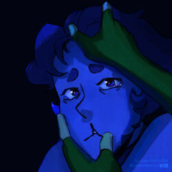  2girls blue_hair blue_skin character_pov cleft_lip colored_skin commentary english_commentary female_pov fingerless_gloves gem_(steven_universe) gloves highres lapis_lazuli_(thefaeriemerchant) multiple_girls original peridot_facet_6c4t_cut_2xj pov pov_hands steven_universe tears thefaeriemerchant yuri 
