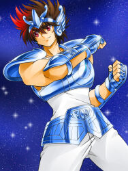  1boy armor bronze_cloth_(saint_seiya) brown_hair chest_guard closed_mouth commentary_request constellation dutch_angle faulds gauntlets hair_between_eyes highres kageyama_shinobi light_smile male_focus multicolored_hair pants pauldrons pegasus_(constellation) pegasus_seiya plate_armor red_eyes red_streaks saint_seiya short_hair shoulder_armor sky sleeveless solo spiky_hair star_(sky) starry_sky starry_sky_background streaked_hair tank_top thick_eyebrows two-tone_hair upper_body v-shaped_eyebrows white_pants white_tank_top 