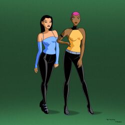  2girls absurdres armband arunion bare_shoulders batman_(series) batman_beyond belt black_armband black_hair black_pants blue_shirt commentary dana_tan dark-skinned_female dark_skin dc_comics english_commentary hand_on_own_hip highres max_gibson multiple_girls pants pink_hair shirt yellow_shirt 