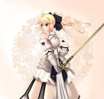  armored_dress bad_id blonde_hair blue_eyes bow caliburn dress fate/stay_night fate/unlimited_codes fate_(series) ponytail rinbukyoku saber saber_lily solo sword type-moon weapon 
