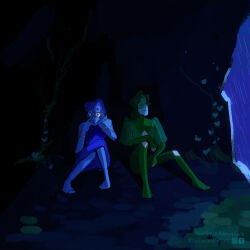  2girls barefoot blue_hair blue_skin colored_skin commentary dress english_commentary gem_(steven_universe) highres homeworld_gem_uniform lapis_lazuli_(thefaeriemerchant) multiple_girls original peridot_facet_6c4t_cut_2xj sketch smile steven_universe thefaeriemerchant 