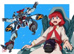  1girl amate_yuzuriha arms_up blue_eyes cockpit dress gquuuuuux gundam gundam_gquuuuuux highres jinou_rakugaki lara_(sayonara_lara) mobile_suit piloting red_hair sayonara_lara scene_reference signature surprised wavy_mouth 