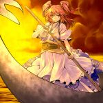  boat hair_bobbles hair_ornament japanese_clothes large_breasts onozuka_komachi red_eyes red_hair redhead scythe serious short_hair solo sunset touhou tro twintails water weapon 