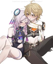  1boy 1girl aether_(genshin_impact) ahoge arm_armor bare_shoulders black_gloves blonde_hair blue_eyes blush braid breasts brown_shirt citlali_(genshin_impact) clothing_cutout couple earrings facial_mark feathers floating_headgear forehead_mark genshin_impact glove_cutout gloves hair_between_eyes hair_intakes hair_ornament halter_leotard halterneck headgear hetero highres jewelry leotard long_hair midriff miya_hayashi_(ummd7854) multicolored_hair navel pink_hair pink_pupils purple_feathers purple_nails ribbed_leotard ring_hair_ornament romper scarf shirt single_earring thigh_marking triangle triangle_facial_mark turtleneck turtleneck_leotard twin_braids very_long_hair white_romper white_scarf yellow_eyes 