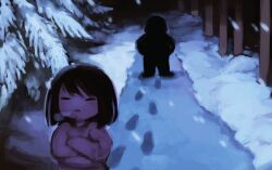  1boy 1other androgynous breath brown_hair child cold concept_art crossed_arms footprints forest frisk_(undertale) nature official_art pine_tree sans_(undertale) silhouette snowdin_(undertale) sweater temmie_chang tree undertale utdr_(toby_fox) 