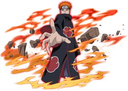  1boy akatsuki_uniform amegakure_symbol black_coat coat forehead_protector looking_at_viewer naruto_(series) naruto_shippuuden naruto_shippuuden:_ultimate_ninja_blazing official_art orange_hair pain_(naruto) print_coat rinnegan rock short_hair solo violet_eyes yahiko_(naruto) 