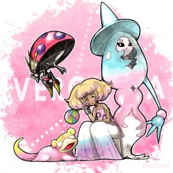  1girl :o armlet big_hair blonde_hair bright_pupils brown_eyes candy collarbone colored_tips commentary dark-skinned_female dark_skin dynamax_band english_commentary eyelashes fangs floating floral_print food galarian_slowpoke hatterene highres holding holding_candy holding_food holding_lollipop jewelry lollipop mofinngram multicolored_hair nostrils open_mouth orbeetle original outline pants pink_hair pink_tank_top pokemon pokemon_team print_tank_top psychic_type_theme_(pokemon) ringed_eyes sitting smile swirl_lollipop tank_top two-tone_hair white_outline white_pants white_pupils wide-leg_pants 