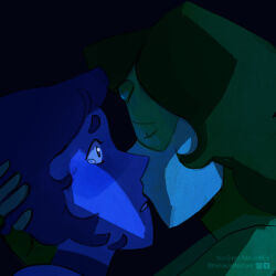  2girls blue_hair blue_skin colored_skin commentary english_commentary from_side gem_(steven_universe) highres kiss lapis_lazuli_(thefaeriemerchant) multiple_girls original peridot_facet_6c4t_cut_2xj steven_universe surprise_kiss surprised thefaeriemerchant upper_body yuri 