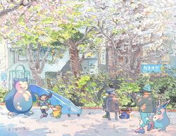  1boy 2girls :3 bench building bush cherry_blossoms cup danfortiz dappled_sunlight disposable_cup english_commentary foliage gloom_(pokemon) highres japan mixed_media multiple_girls on_bench original park park_bench playground playing pokemon psyduck reading real_world_location scenery slice_of_life slide snorlax sunlight tokyo tree urban walking watercolor_background wigglytuff 