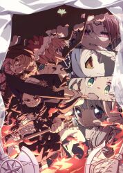  6+girls 7753 absurdres aqua_eyes axe black_hair blue_hair boro_(tn-boro) braid brown_hair clenched_teeth closed_mouth commentary_request dreamy_chelsea feathers fire flower grey_hair hat hexagram highres holding holding_feather holding_weapon love_me_ren-ren magical_girl mahou_shoujo_ikusei_keikaku mahou_shoujo_ikusei_keikaku_breakdown mana_(mahoiku) miss_margarite multicolored_eyes multicolored_hair multiple_girls nephilia_(mahoiku) open_mouth pastel_mary_(mahoiku) pink_eyes pink_hair red_flower skirt smile spoilers sweat teeth tepsekemei twin_braids two-tone_hair weapon white_hair witch_hat yellow_eyes 