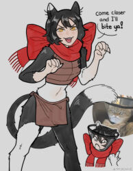  1girl :3 animal_ears black_fur black_hair cat_ears cat_girl cat_tail claw_pose commentary dungeon_meshi english_commentary frown highres izutsumi loincloth middle_finger mismatched_animal_ear_colors navel photo-referenced photo_inset red_scarf scarf short_hair signature slit_pupils tail tatja_(tatjasng12) v-shaped_eyebrows white_fur yellow_eyes 