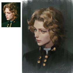 1boy androgynous bjorn_johan_andresen black_coat blonde_hair buttons closed_mouth coat dated from_above grey_eyes high_collar highres jiyub looking_at_viewer looking_up medium_hair multiple_views photo_inset portrait real_life signature solo white_background 
